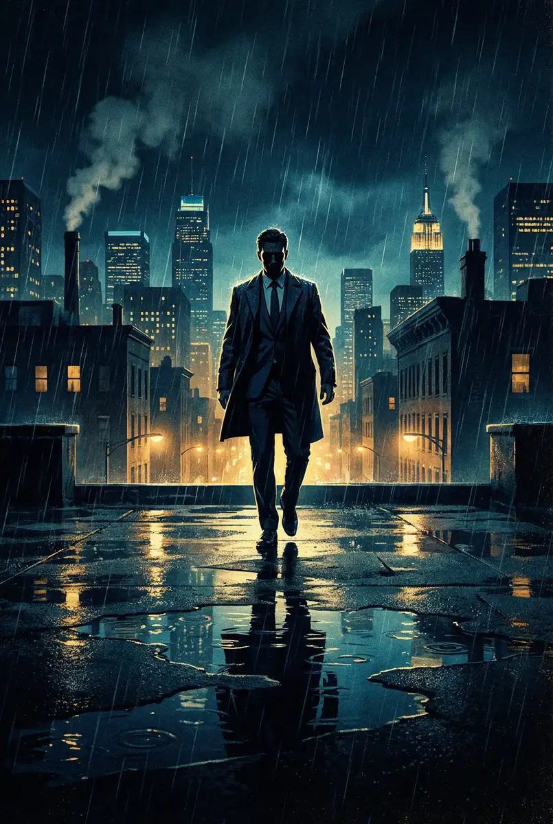 纸醉金迷演员表 出品影片《雨夜独行者》海报，雨中城市屋顶男性剪影